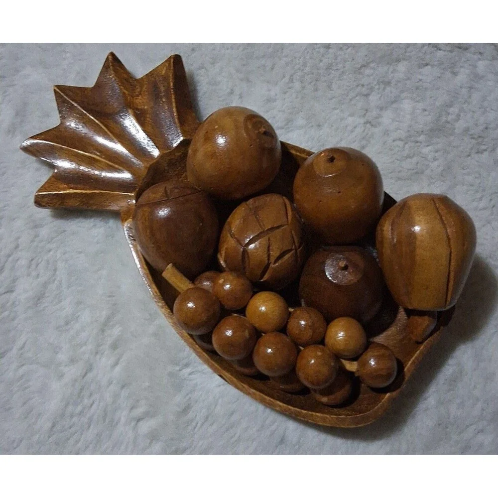 Vintage 60's Monkey Pod Wooden Fruit & Bowl Phillipines handcrafted 8 piece set